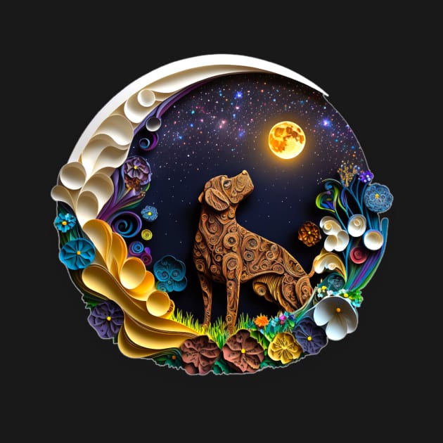 Chocolate Brown Labrador Retriever Dog in Space Full Moon Glowing Planets Stars Art by joannejgg
