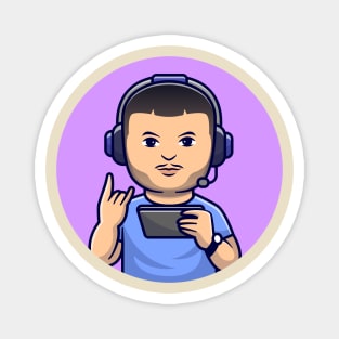 Cute Man Gamer Playing Game With Headphone Cartoon Magnet