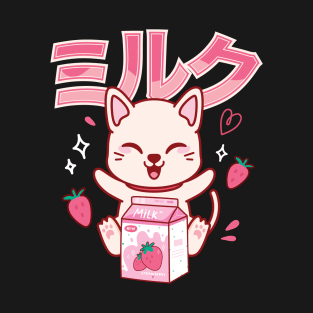 Cat Kawaii Anime Japanese Strawberry Milk Shake T-Shirt