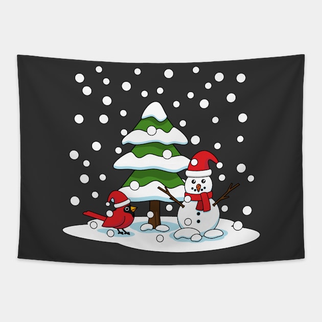 Snow Falling on Cardinal, Snowman and Pine Tree Tapestry by BirdAtWork