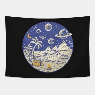 Camping under the moon and Planets - hand drawn Tapestry