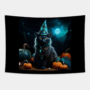 Sorceress black cat on Halloween night Tapestry