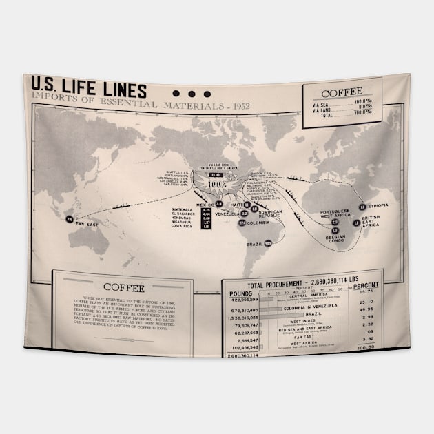 Old World Coffee Bean Exports Map (1854) Vintage Cafe Beverage US Import Atlas Tapestry by Bravuramedia