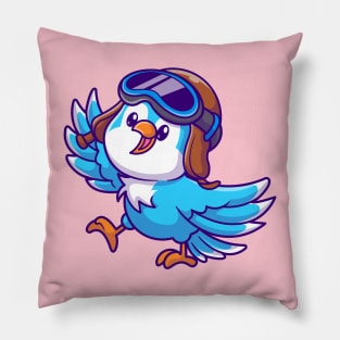 Cute Bird Waving Hand With Pilot Hat Cartoon Pillow