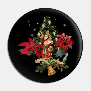 Merry christmas, Santa Claus with gifts and christmas flowers Pin