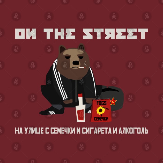 Smoking Gopnik slav bear wearing ushanka squat on the street with semechki and vodka by FOGSJ