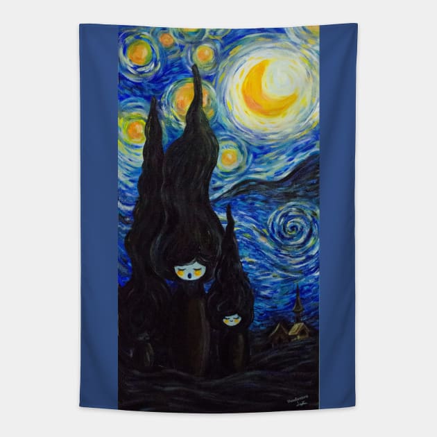 Kokeshi Starry night Tapestry by Pendientera