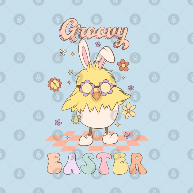 Groovy Easter Funny Chick with Bunny Ears Dancing on the floor by JDVNart