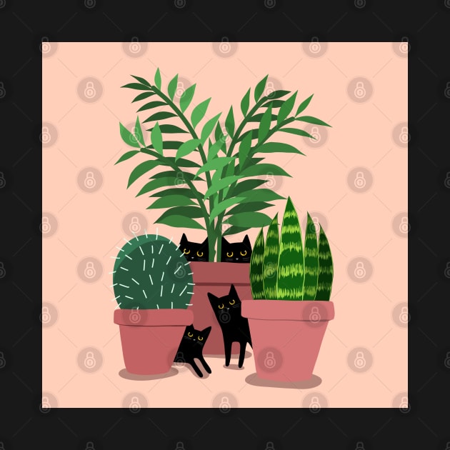 Black Cats and Potted Plants by KilkennyCat Art