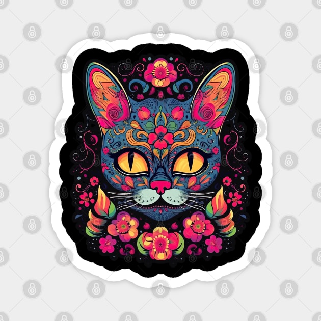 Teal Dreams Sugar Skull Cat Magnet by DanielLiamGill