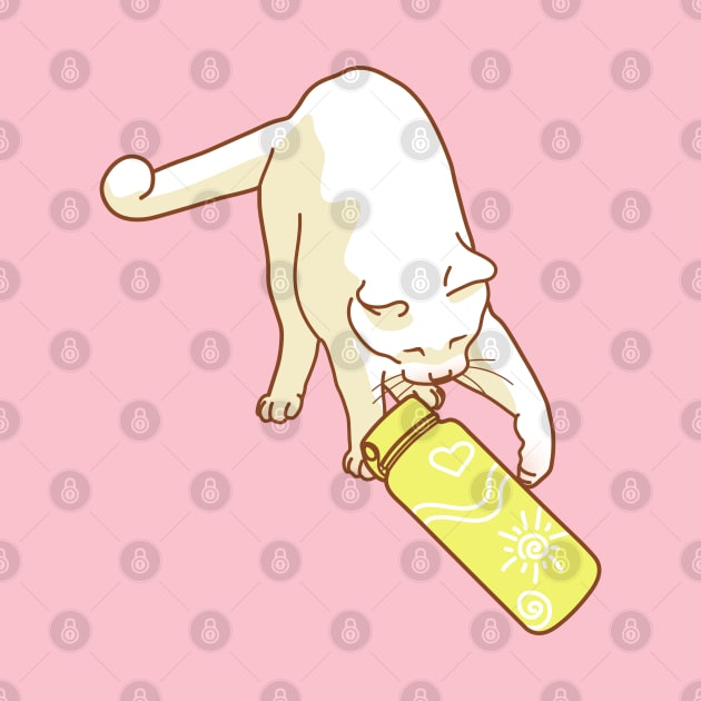 White cat knocking yellow water bottle by Wlaurence