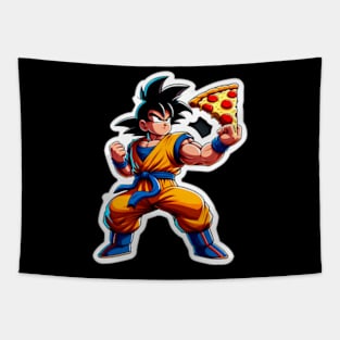 Goku striking a heroic pose with a pizza Tapestry