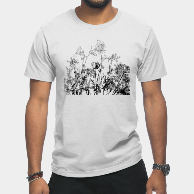 Disover Black White Wild Flowers Botanical Pattern Illustration Vintage - Flowers - T-Shirt