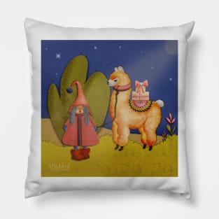 Lady Gnome leading llama through the night Pillow