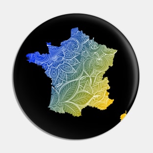 Colorful mandala art map of France with text in blue and yellow Pin