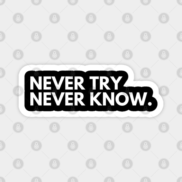 Never Try Never Know. Typography Motivational and Inspirational Quote. White Magnet by That Cheeky Tee