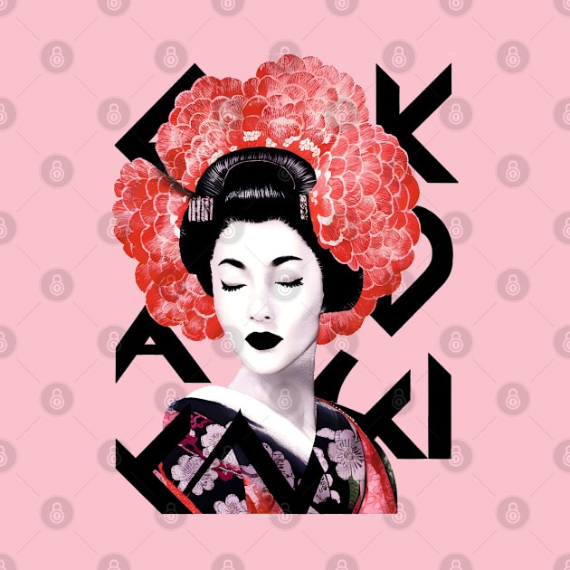 Japanese geisha girl with red flowers by Ravenglow