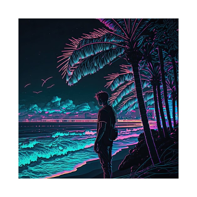 Boy looking at the ocean on a beach under a palm tree by ArtOfArtiglio