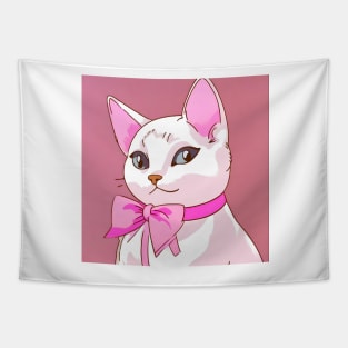 White cat with pink bow Tapestry