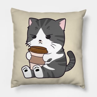 Tabby Cat Drinking Coffee Pillow