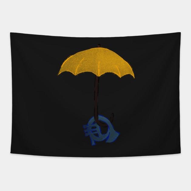 Yellow umbrella and blue horn - black Tapestry by Uwaki