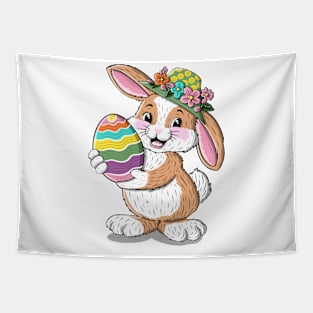 Cute bunny illustration in floral hat and big colorful egg Tapestry