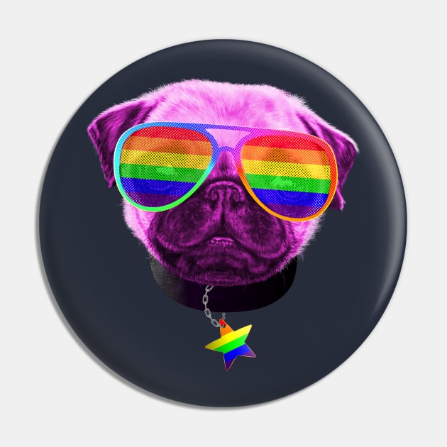 Gay Pride Pug LGBT Dog Rainbow Sunglasses Pin by brodyquixote