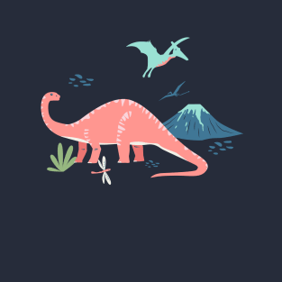 Jurassic Dinosaur in Blue + Coral T-Shirt