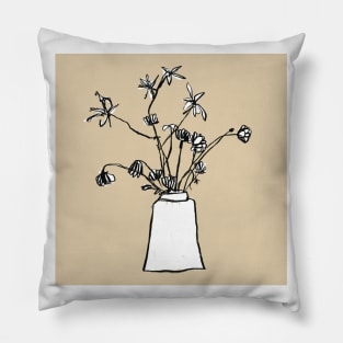 Beige Inky Vase of Flowers Pillow