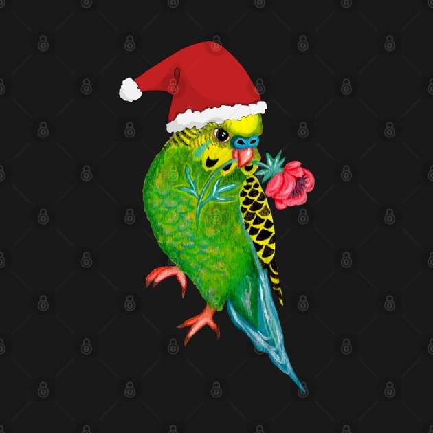 Cute Christmas Budgie Parrot with Santa Hat by IvyLilyArt