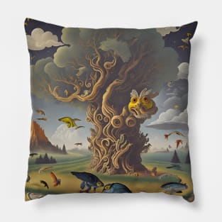 Metamorphosis Skies: A Surreal Landscape of Birds, Fish, and Reptiles in Transformation Pillow