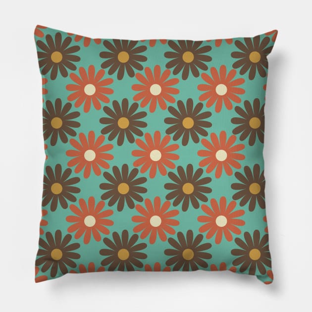 Retro Daisies Pattern in Green Pillow by aybe7elf