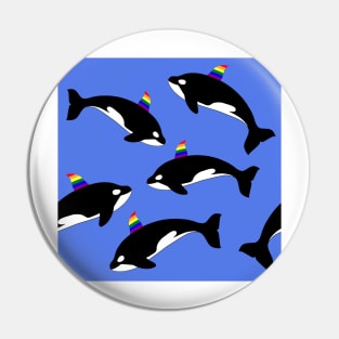 Gay pride rainbow orca killer whale. Seamless pattern on blue water background. Pin