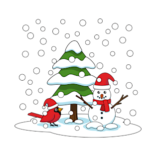 Snow Falling on Cardinal, Snowman and Pine Tree T-Shirt