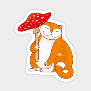 Cute Cat with Fly Agaric Mushroom Umbrella Graphic Design Magnet