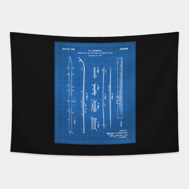 Skiing Skis Patent - Skier Ski Lodge Chalet Art - Blueprint Tapestry by patentpress