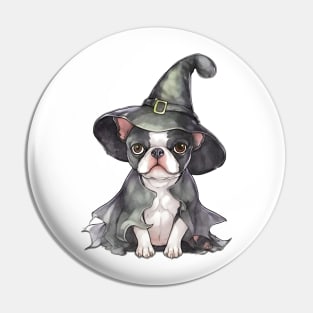 Watercolor Boston Terrier Dog in Witch Hat Pin