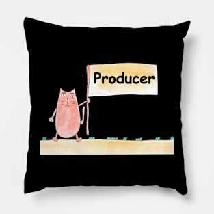 Producer. Profession, work, job. Cat shows a banner with the inscription. Watercolor illustration. A gift for a professional. Pillow