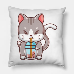 Happy cat drinking bubble milk tea Pillow