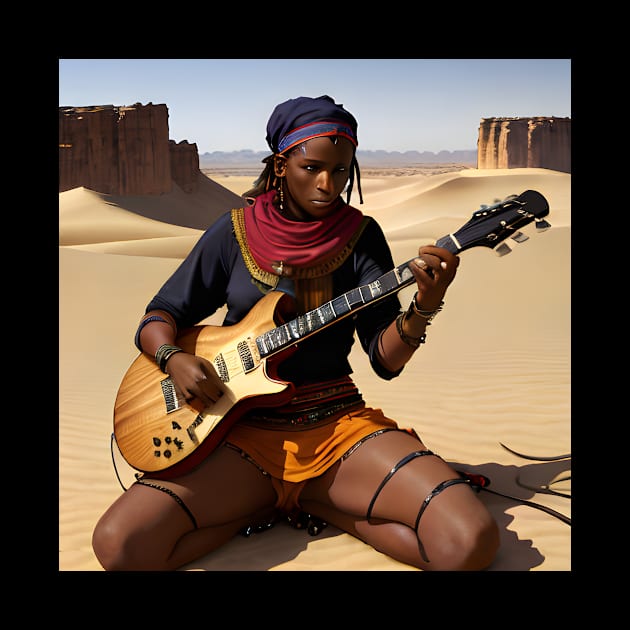 electric guitar touareg player in the desert landescape music heavy metal by Giftsio