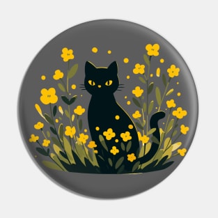 Black cat in yellow flower garden Pin