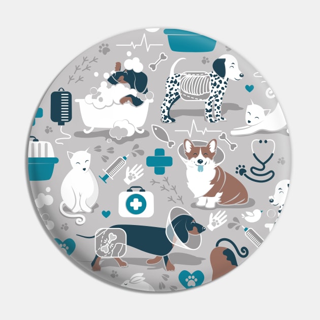 Veterinary medicine, happy and healthy friends // pattern // grey background turquoise details navy blue white and brown cats dogs and other animals Pin by SelmaCardoso