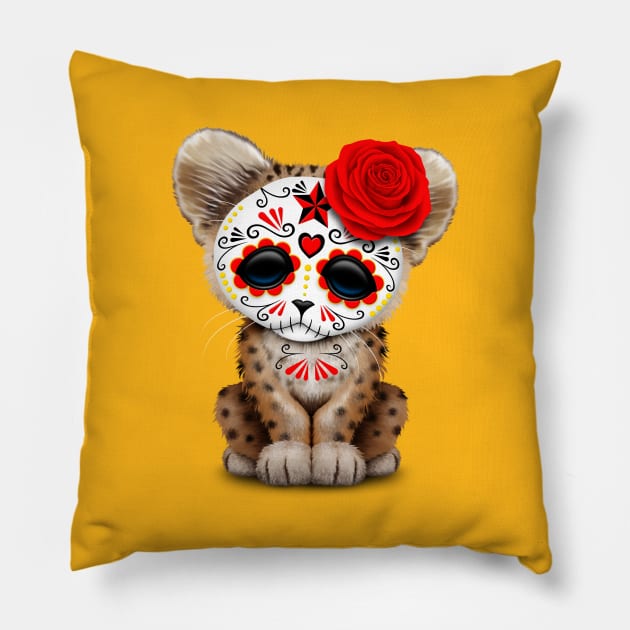 Red Day of the Dead Sugar Skull Leopard Cub Pillow by jeffbartels