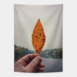 hand holding yellow leaf Tapestry