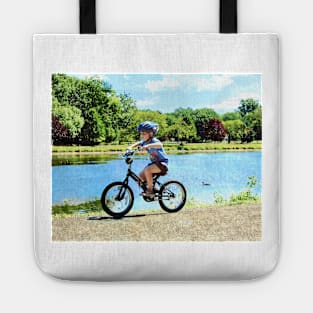 Boy on His Bicycle Tote