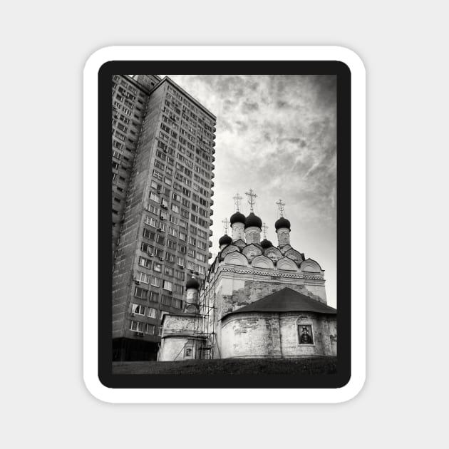 Black and white photograph of Russian orthodox church with spires and public highrise housing project in the background. Moscow, Russia Magnet by Reinvention