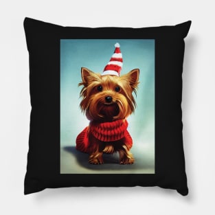 Christmas Yorkshire Terrier in a Festive hat and sweater Pillow