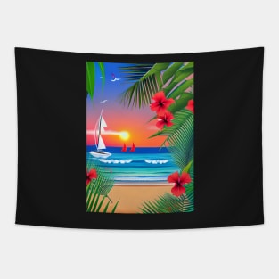 Tropical Sunset Beach Scene Tapestry