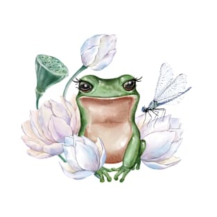 Cute frog in water lily flowers with dragonfly T-Shirt