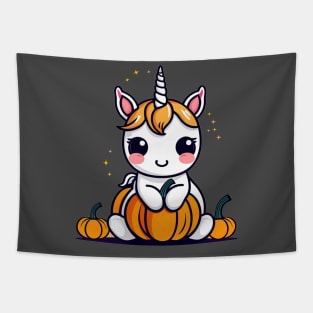 Unicorn with halloween pumpkin Tapestry